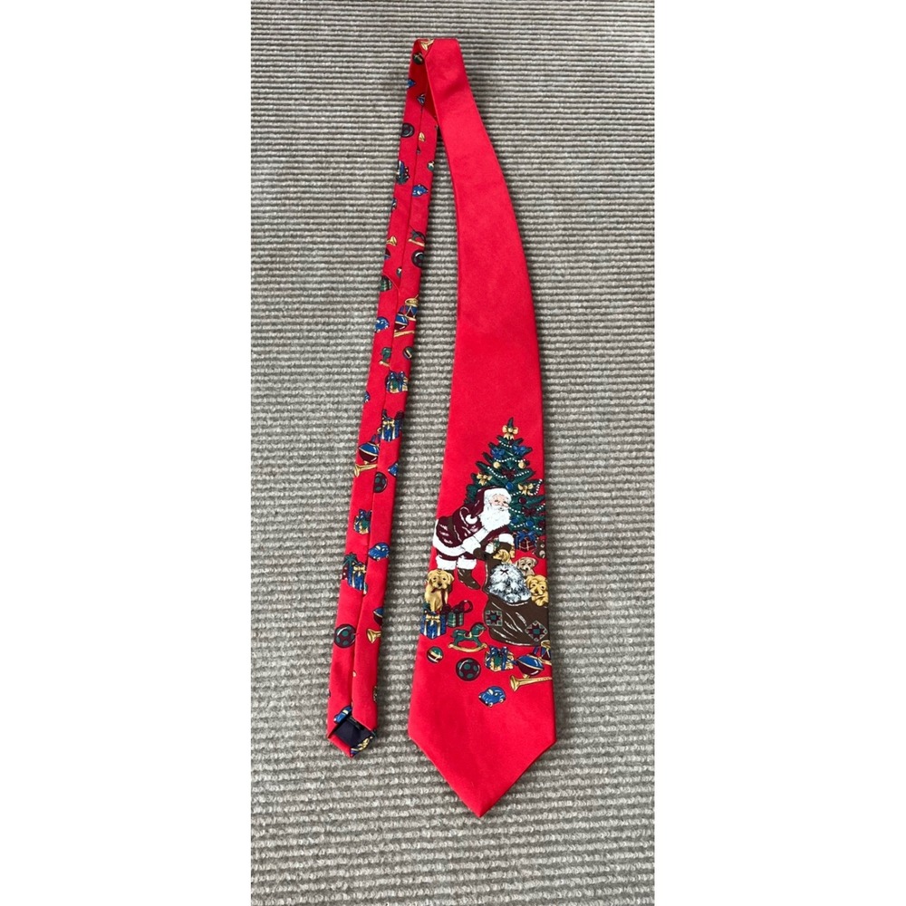 Stafford Mens Christmas Silk Tie Red Santa Puppies Dogs Holiday Made in‎ USA 4in